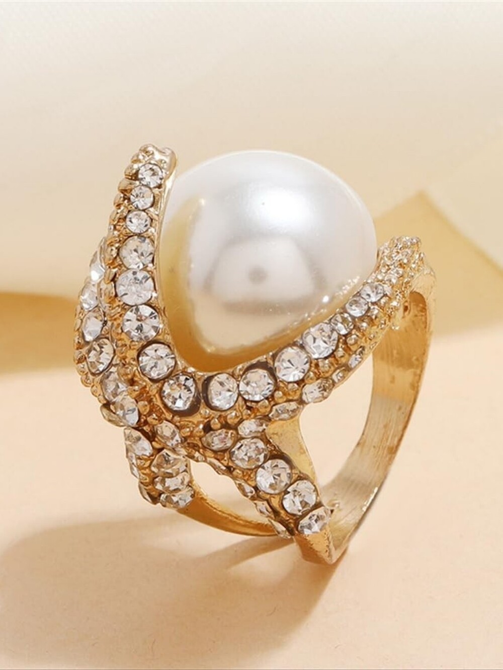 Big Starfish Shell Pearl Statement Ring Rhinestone Crystal - Picture 5 of 5